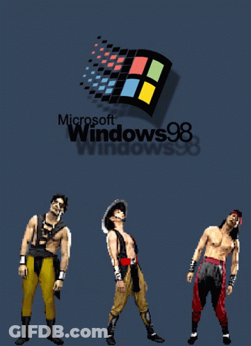 A Poster For Microsoft Windows 98 With Three Pixelated Warriors GIF