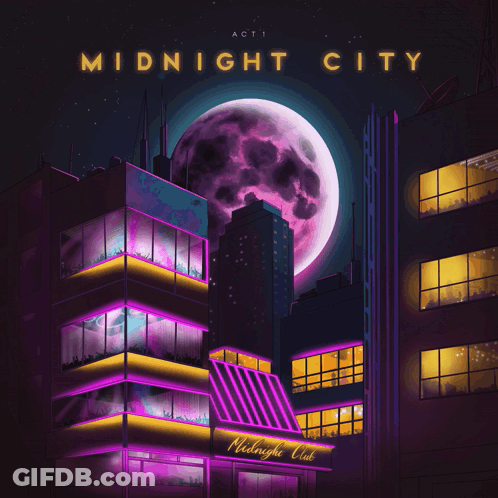 A Poster For Midnight City Shows A Full Moon Behind A Purple Building GIF