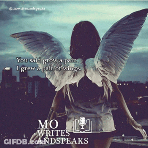 A Poster For Mo Writes And Speaks With A Woman With Wings GIF