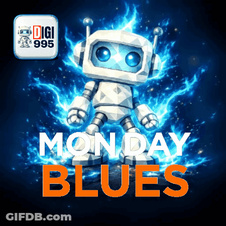 A Poster For Monday Blues Shows A Robot With Headphones GIF