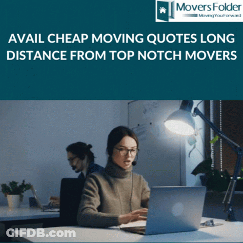 A Poster For Movers Folder Shows A Woman Sitting At A Desk Using A Laptop GIF