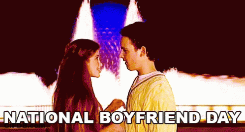 A Poster For National Boyfriend Day With A Man And A Woman Looking Into Each Other 'S Eyes GIF