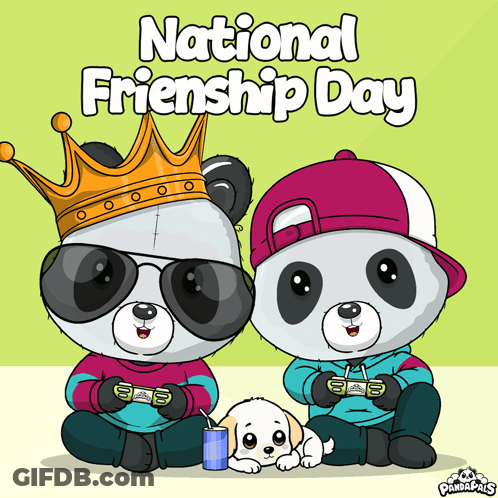 A Poster For National Friendship Day Shows Two Panda Bears Playing Video Games GIF