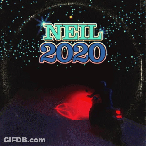 A Poster For Neil 2020 With A Man On A Motorcycle In The Foreground GIF