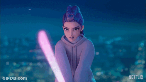 A Poster For Netflix Shows A Girl Holding A Pink Light Saber GIF