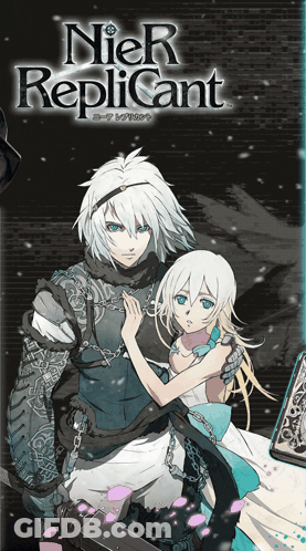 A Poster For Nier Replicant Shows A Man And Woman Hugging GIF