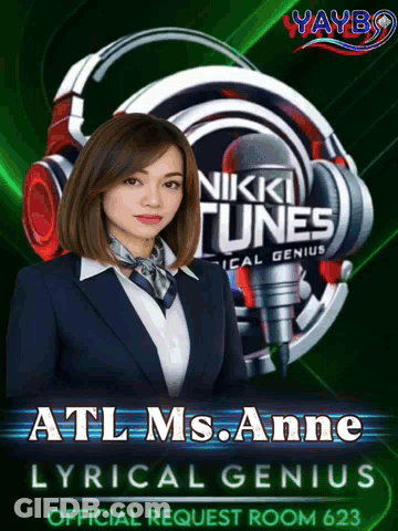 A Poster For Nikki Tunes With A Woman In A Suit GIF