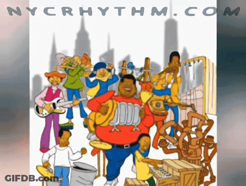 A Poster For Nycrhythm.com Features A Cartoon Of A Group Of Musicians GIF