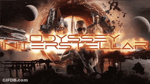 A Poster For Odyssey Interstellar Shows A Man Holding A Rifle GIF