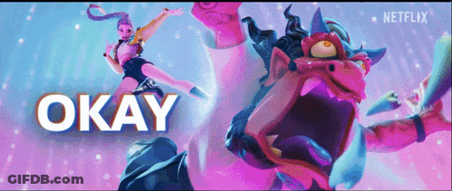 A Poster For Okay Shows A Cartoon Character And A Monster GIF