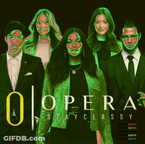 A Poster For Opera Stay Classy Shows A Group Of People Posing For A Picture GIF