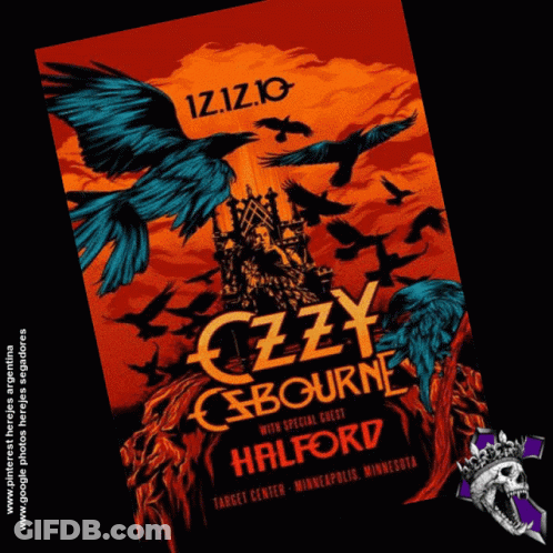 A Poster For Ozzy Osbourne With A Crow On Top GIF
