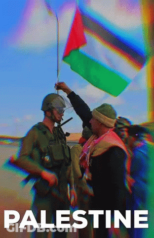 A Poster For Palestine Shows A Soldier Holding A Flag GIF