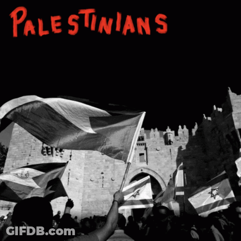 A Poster For Palestinians Shows A Crowd Of People Holding Flags In Front Of A Castle GIF