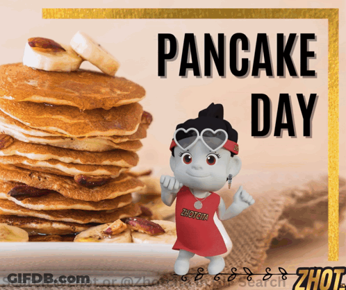 A Poster For Pancake Day With A Character Wearing A Shotgirl Jersey GIF