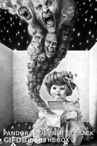 A Poster For Pandora Does Not Go Back Into The Box Features A Doll GIF
