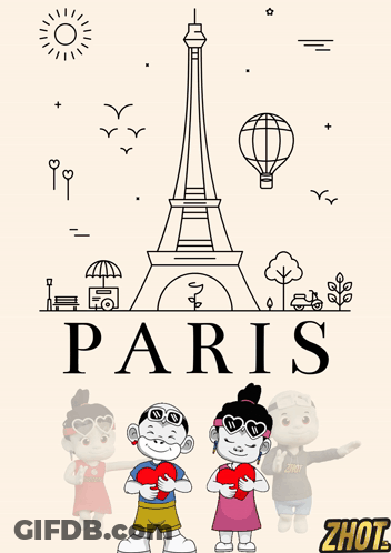 A Poster For Paris With A Boy And Girl Holding Hearts In Front Of The Eiffel Tower GIF