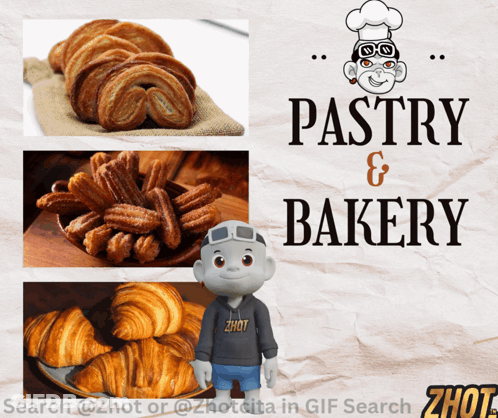 A Poster For Pastry And Bakery With A Character Wearing A Zhot Shirt GIF