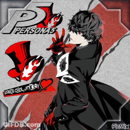 A Poster For Persona 5 Shows A Man In A Top Hat And Red Gloves GIF