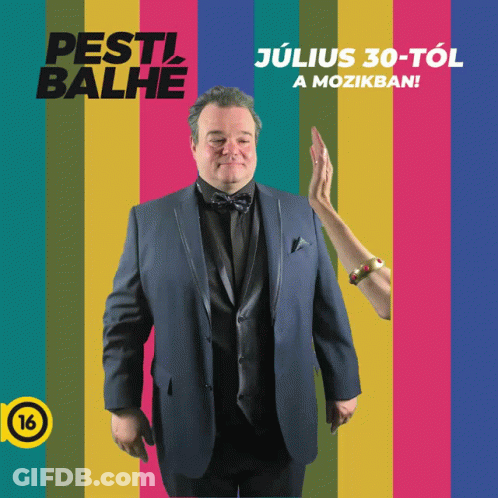 A Poster For Pesti Balhe Shows A Man In A Tuxedo Giving A High Five GIF