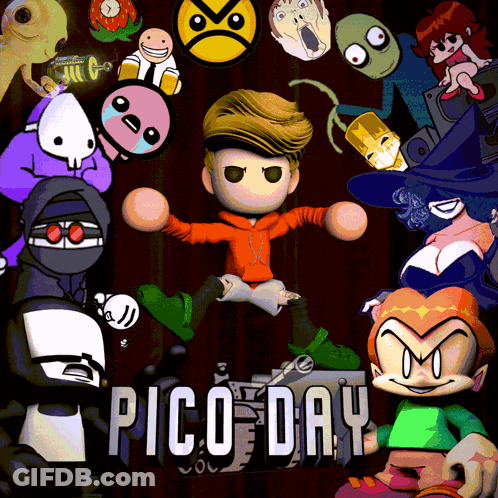 A Poster For Pico Day Shows A Boy Surrounded By Other Characters GIF