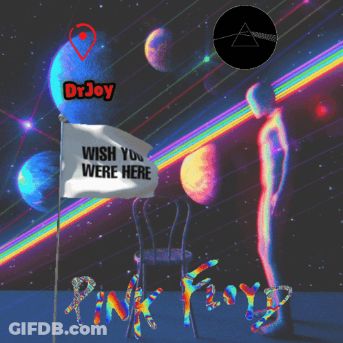 A Poster For Pink Floyd With A Man Standing In Front Of A Flag That Says Wish You Were Here GIF