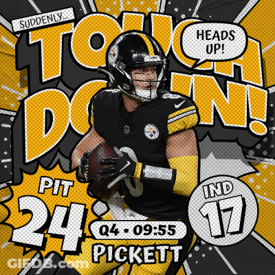 A Poster For Pittsburgh Steelers Quarterback Pickett Holding A Football GIF