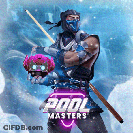 A Poster For Pool Masters Shows A Ninja Holding A Cue Stick GIF
