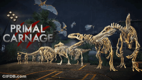 A Poster For Primal Carnage Shows A Group Of Dinosaurs GIF