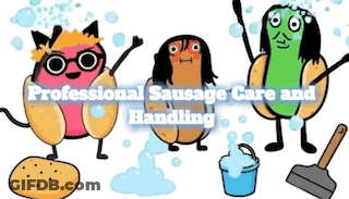 A Poster For Professional Sausage Care And Handling Shows Cartoon Characters GIF