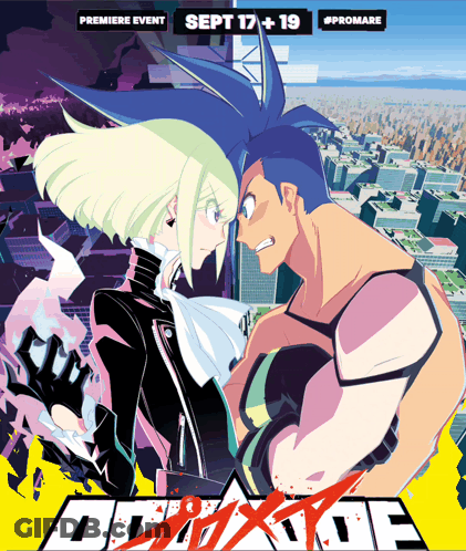 A Poster For Promare Shows A Man And Woman Facing Each Other GIF