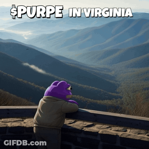 A Poster For Purpe In Virginia Shows A Purple Teddy Bear Looking Out Over Mountains GIF