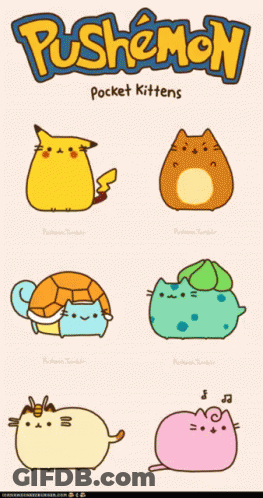 A Poster For Pushemon Pocket Kittens Shows A Turtle Pikachu A Cat And A Frog GIF