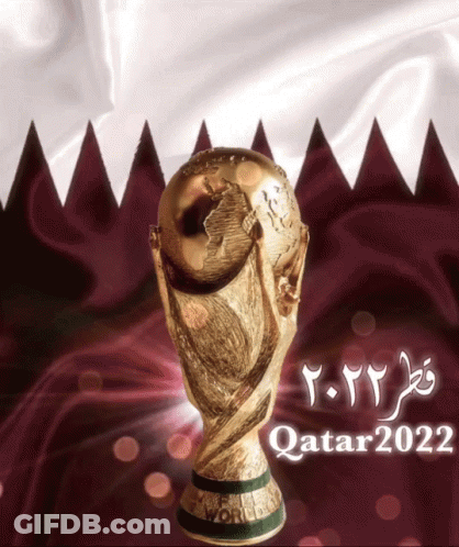 A Poster For Qatar 2022 With A Trophy In Front Of A Flag GIF
