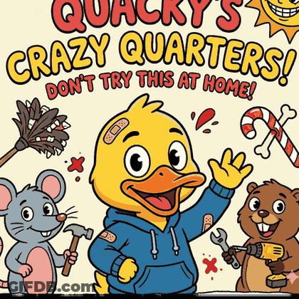 A Poster For Quacky 'S Crazy Quarters Shows A Duck And A Mouse GIF