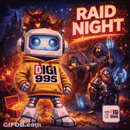 A Poster For Raid Night Shows A Robot Wearing A Digi 999 Hoodie GIF