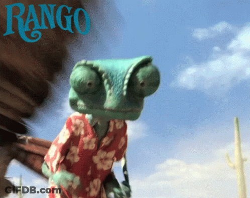 A Poster For Rango Shows A Chameleon Wearing A Red Shirt GIF