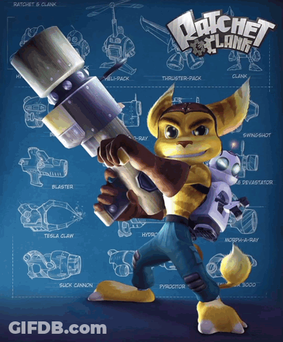 A Poster For Ratchet And Clank Shows A Cartoon Character Holding A Large Gun GIF