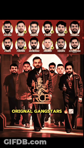 A Poster For Rcb Original Gangstars Shows A Group Of Men Walking Down A Hallway GIF