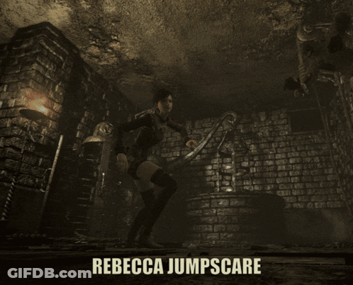 A Poster For Rebecca Jumpscare Shows A Woman Kneeling Down GIF