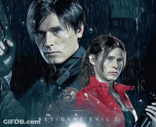 A Poster For Resident Evil 2 Shows A Man And A Woman Standing Next To Each Other GIF