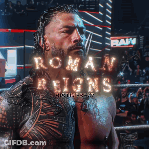A Poster For Roman Reigns Shows A Man Standing In A Ring GIF