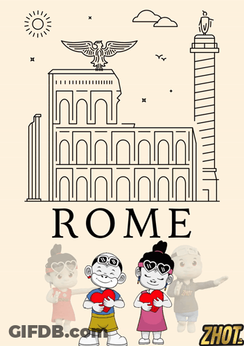 A Poster For Rome With A Boy And A Girl Holding A Heart GIF