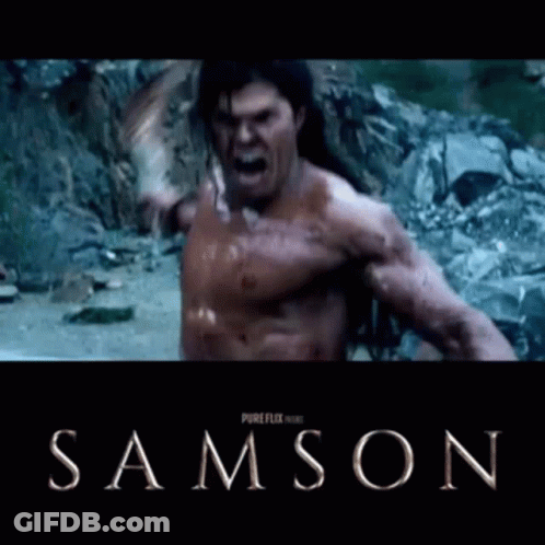 A Poster For Samson Shows A Man Without A Shirt On GIF