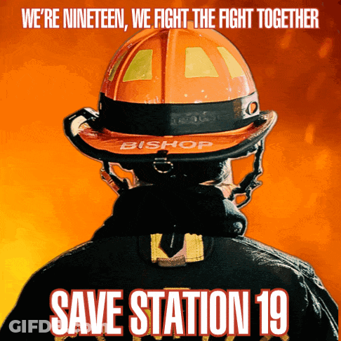 A Poster For Save Station 19 Shows A Fireman Wearing A Bishop Helmet GIF