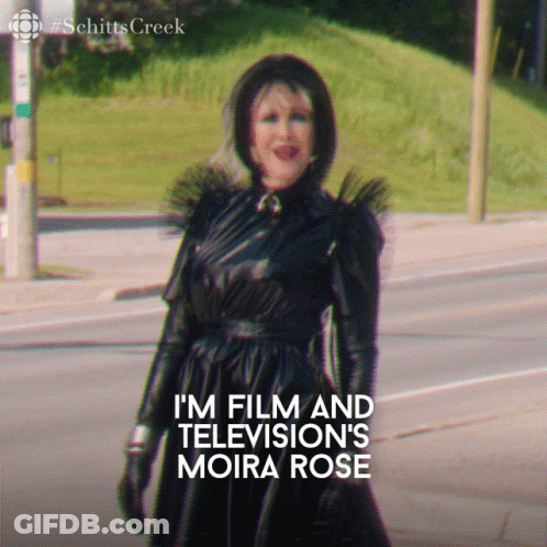 A Poster For Schitts Creek Shows A Woman In A Black Dress And Gloves GIF