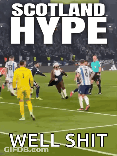 A Poster For Scotland Hype Shows A Man In A Tuxedo On A Soccer Field GIF