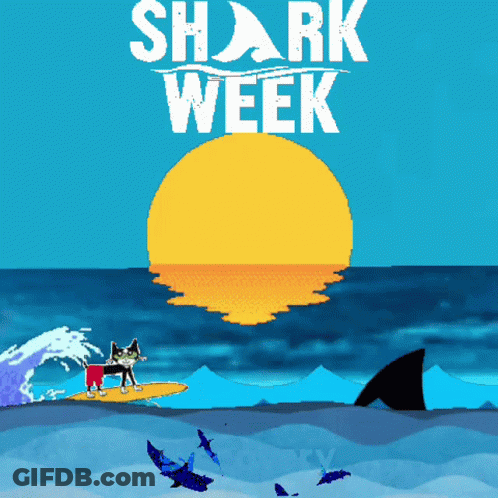 A Poster For Shark Week With A Dog On A Surfboard In The Ocean GIF