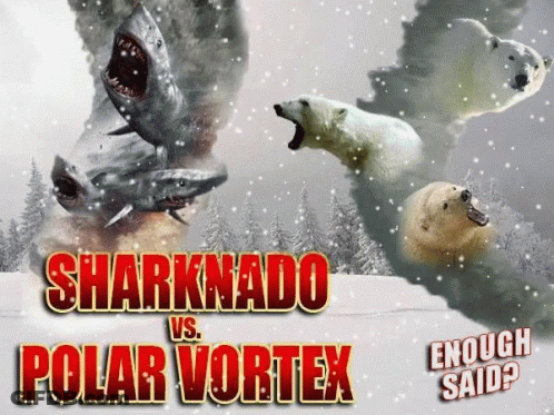 A Poster For Sharknado Vs Polar Vortex Shows Sharks And Polar Bears In The Snow GIF