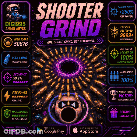 A Poster For Shooter Grind Has A Purple Background GIF